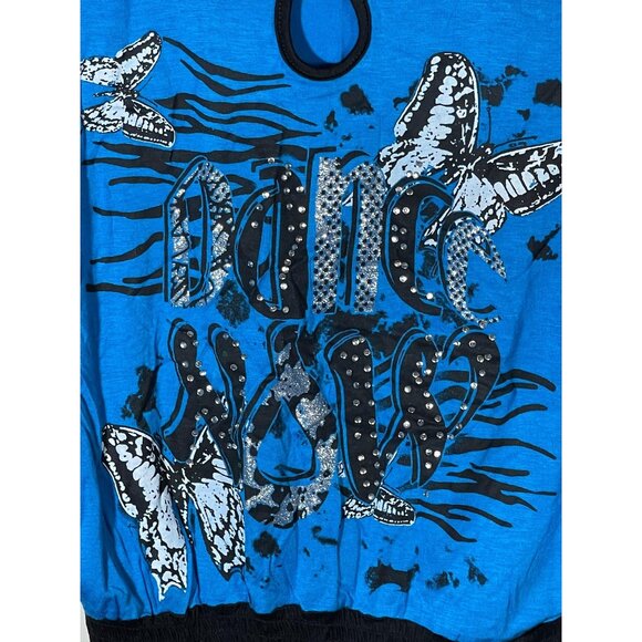 lady fashion short sleeve shirt blue black embellished butterfly medium READ - Picture 2 of 14
